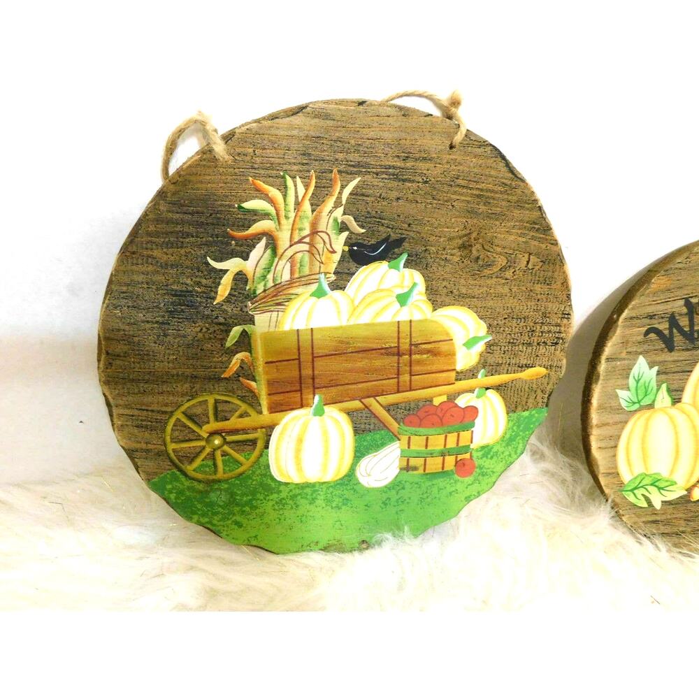 Rustic Wood Pumpkin Wall Plaques Fall Harvest Thanksgiving Welcome Sign Set of 2 - Picture 2 of 9